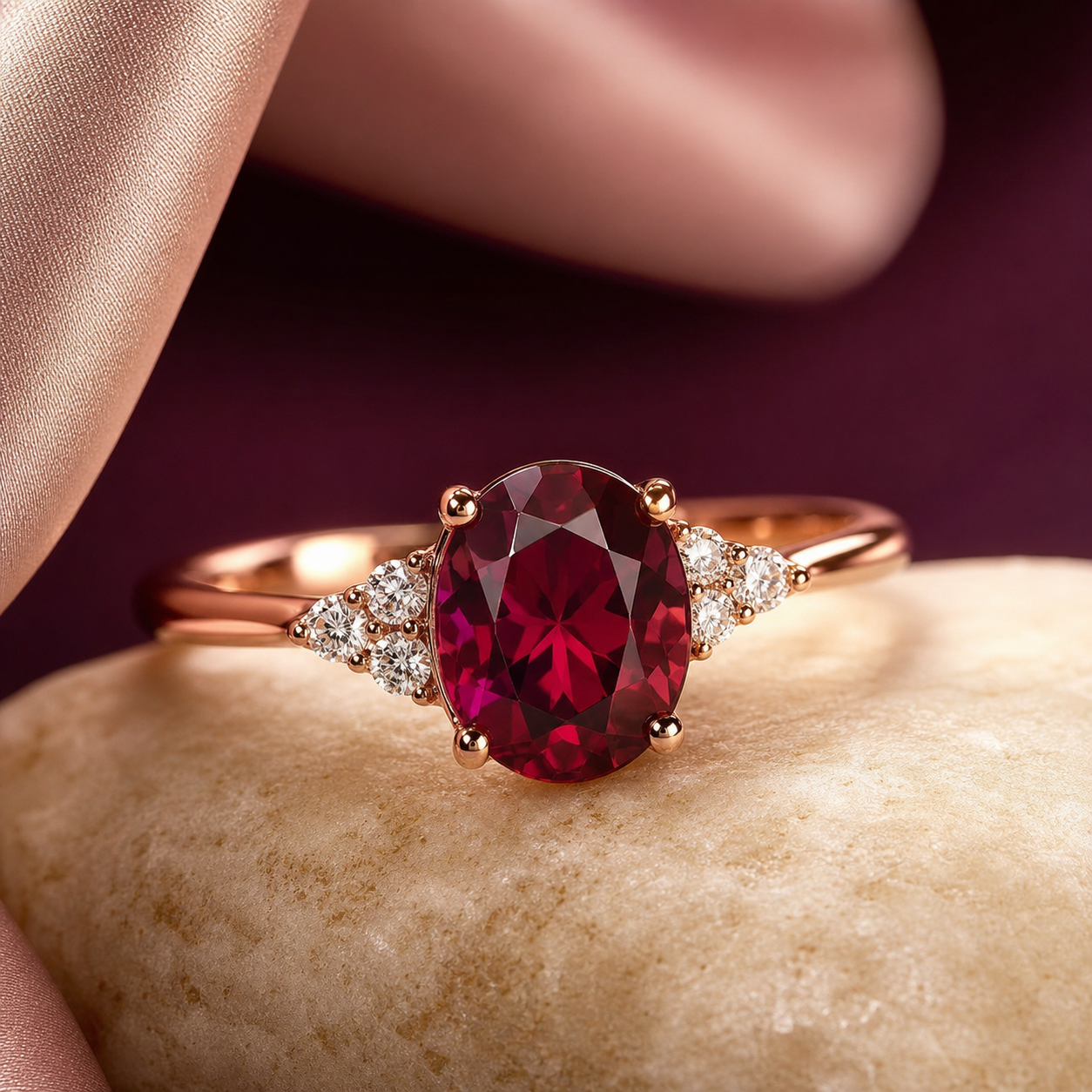 Rhodolite ring on maroon silk